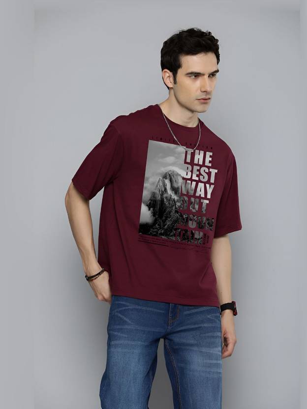 R.Code by The Roadster Life Co. Men Graphic Print Round Neck Cotton Blend Maroon T-Shirt