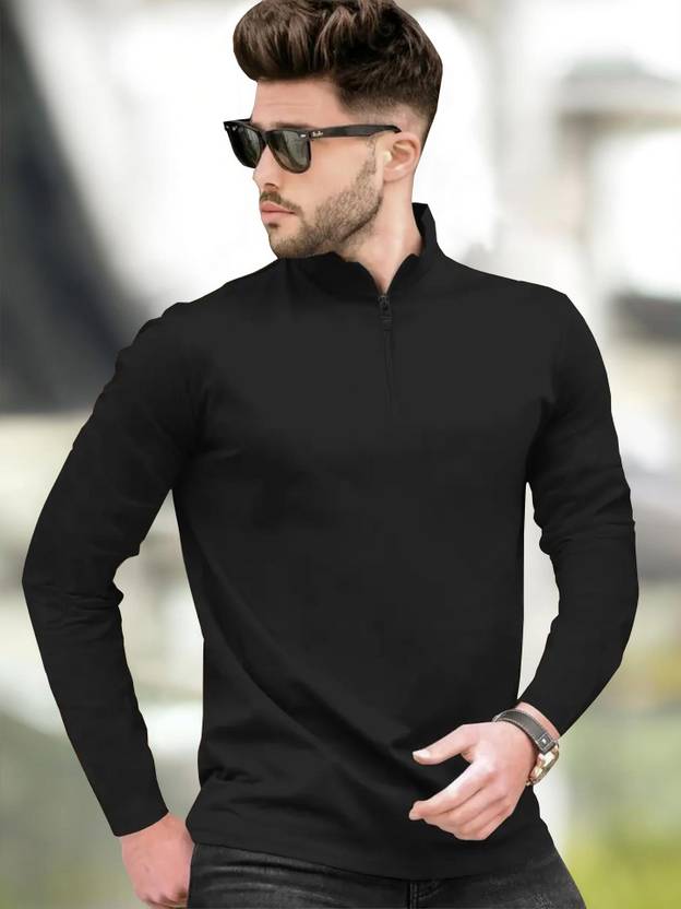 TRIPR Men Solid Henley Neck Cotton Blend Black T-Shirt