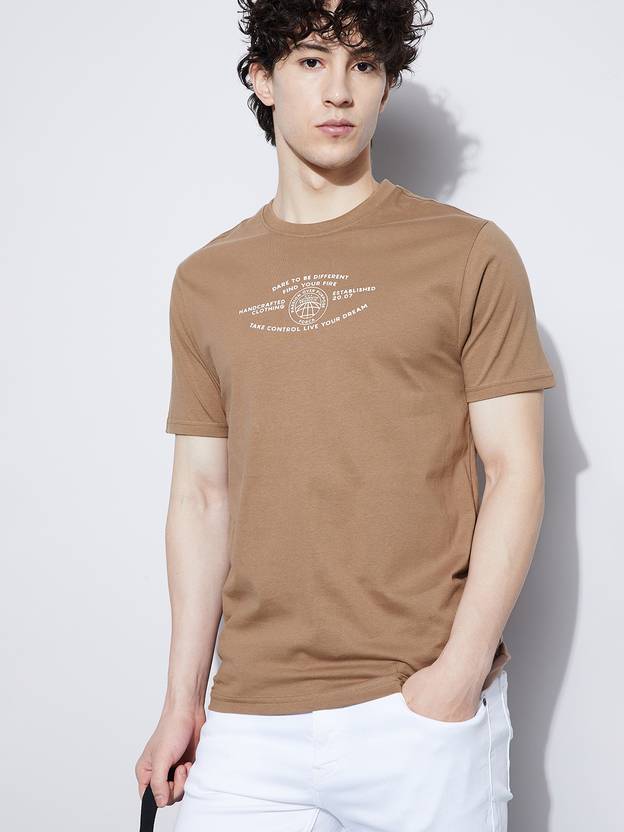 Forca by Lifestyle Men Printed Crew Neck Cotton Blend Brown T-Shirt