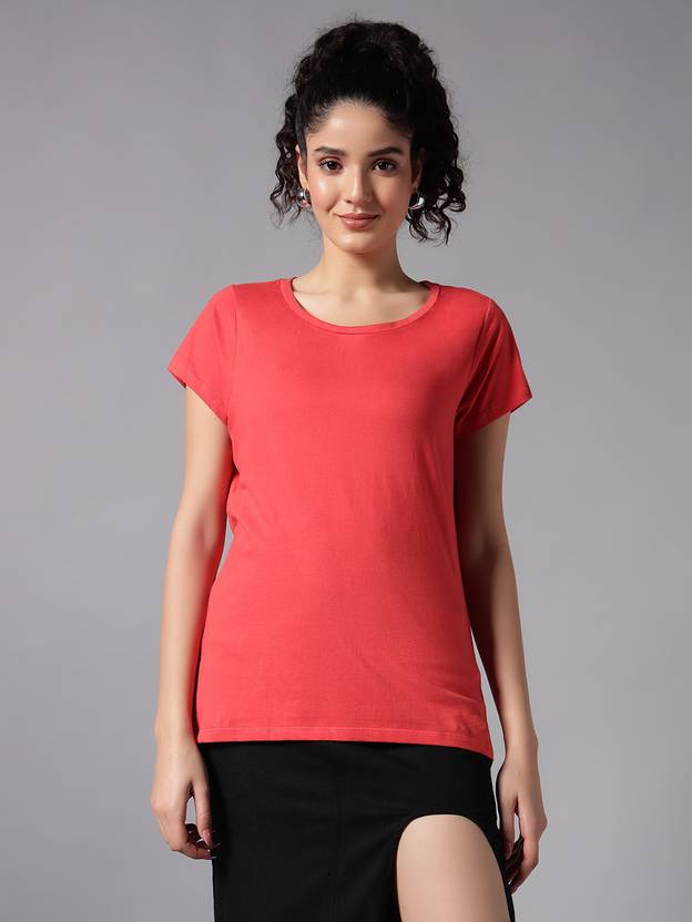 CHEMISTRY Women Solid Round Neck Pure Cotton Red T-Shirt