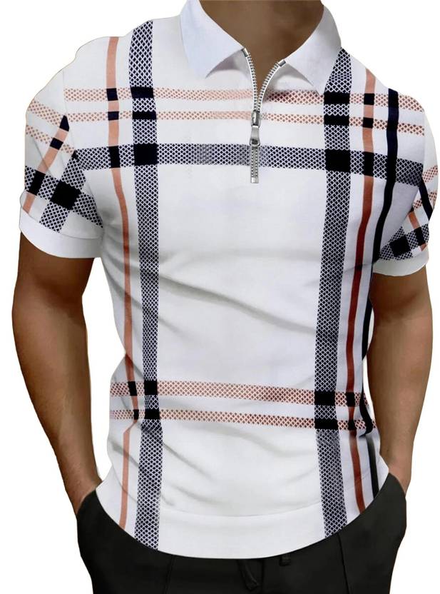 AUSK Men Checkered Polo Neck Cotton Blend White, Black, Pink T-Shirt