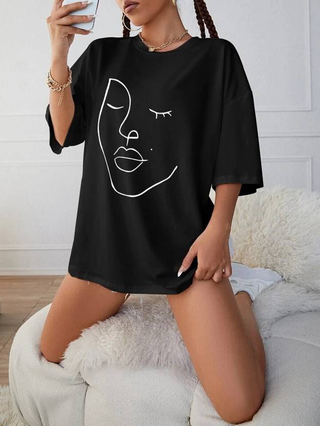 KASHIAN Women Printed Round Neck Cotton Blend Black T-Shirt