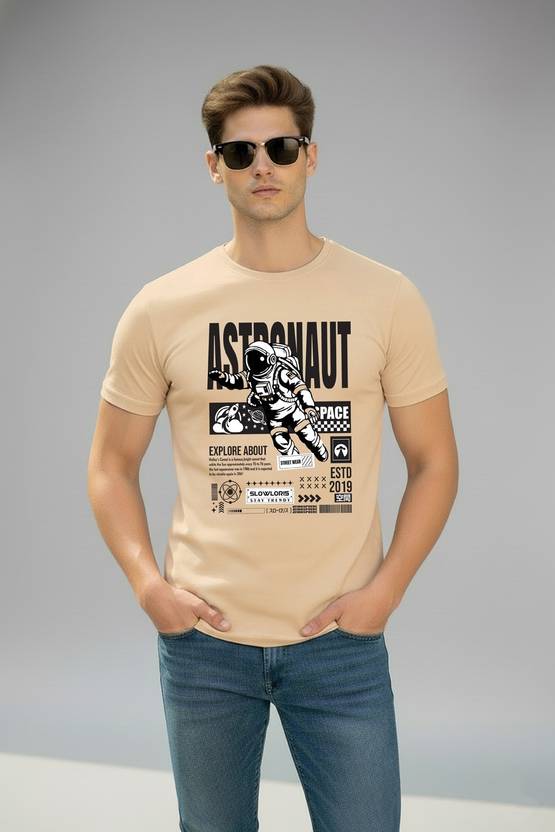 Cryptic Men Printed Round Neck Cotton Blend Beige T-Shirt
