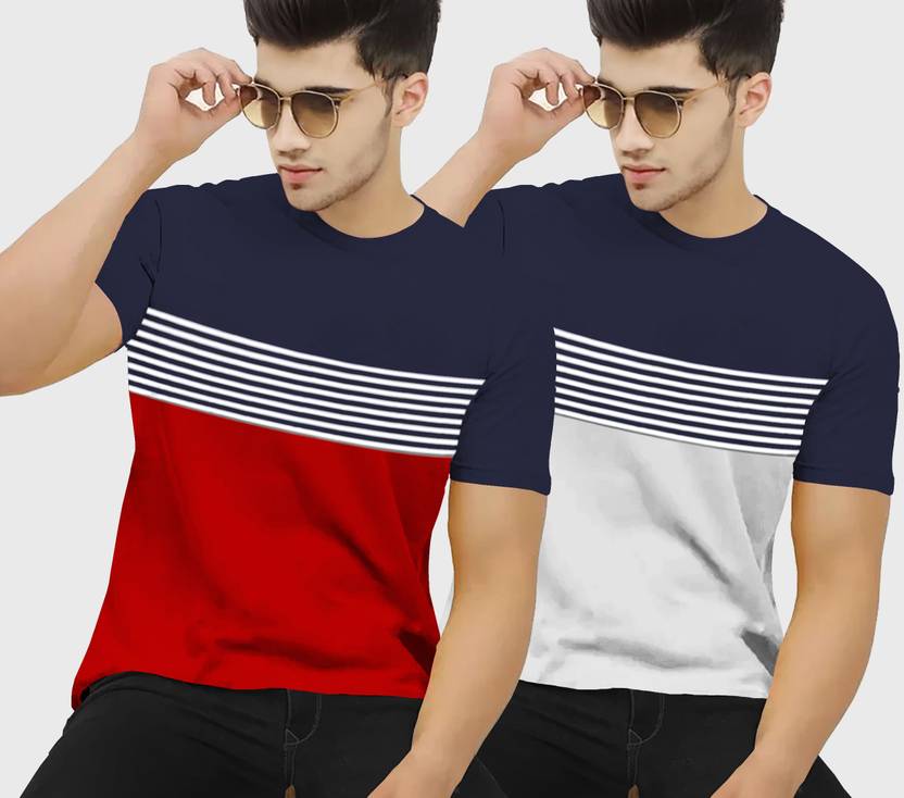 [Sizes M, L, XL] BLIVE Pack of 2 Men Striped Round Neck Cotton Blend Multicolor T-Shirt