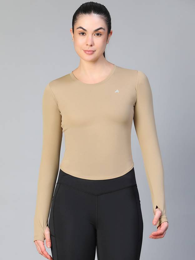 ATHLISIS Women Washed/Ombre Round Neck Polyester Beige T-Shirt