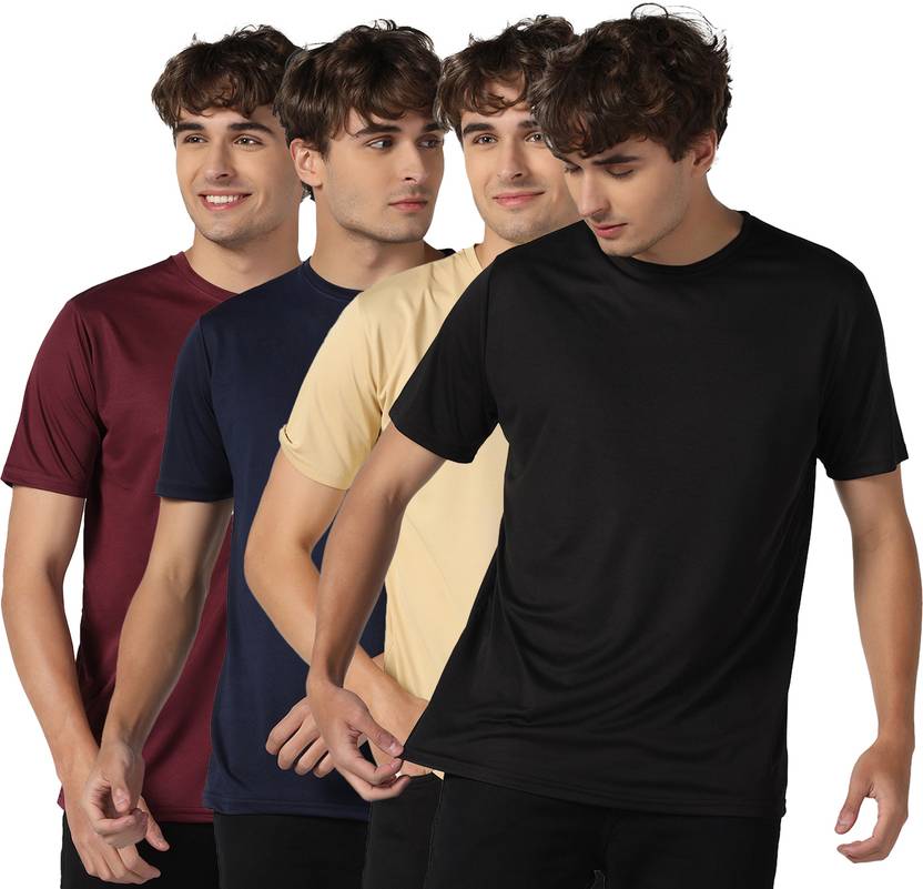 INKKR Pack of 4 Men Solid Round Neck Polyester Gold T-Shirt