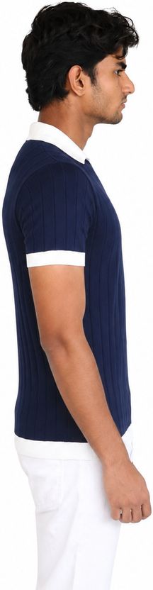 Doppey Men Navy Blue Polo Neck Pure Cotton - Image 4