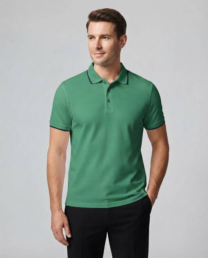 METRONAUT Solid Men Polo Neck Cotton Blend Green T-Shirt