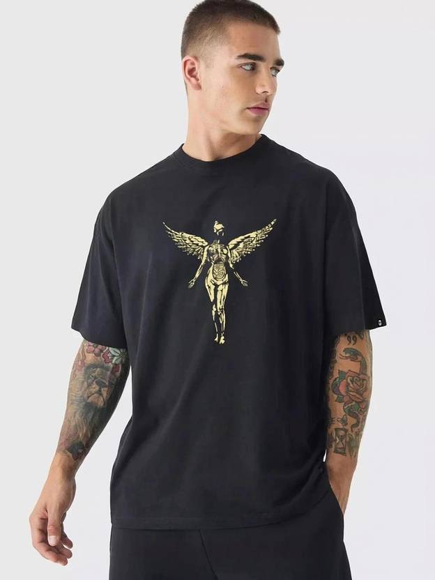 Pronk Men Printed Crew Neck Cotton Blend Black T-Shirt