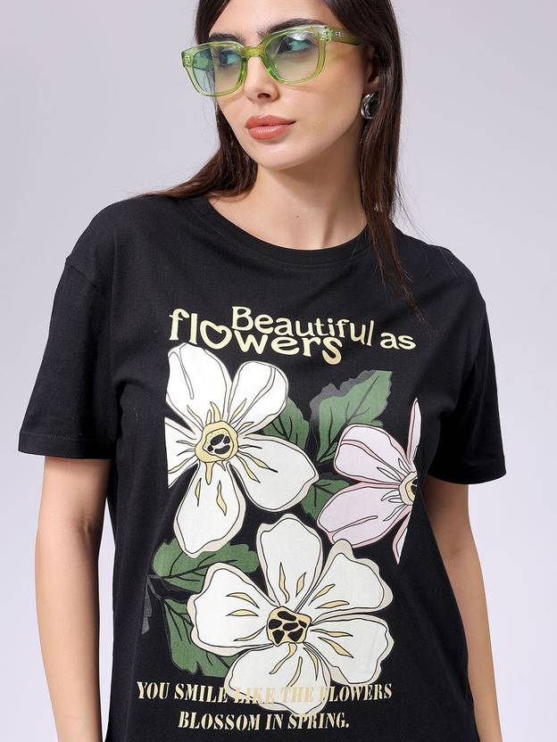 Freehand By The Indian Garage Co. Women Floral Print Crew Neck Pure Cotton Black T-Shirt