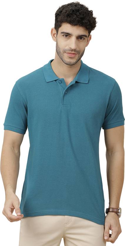 CAVALLO BY LINEN CLUB Men Solid Polo Neck Linen Blend Blue T-Shirt
