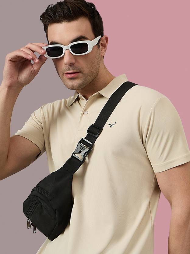 BRONATION Solid Men Polo Neck Beige T-Shirt