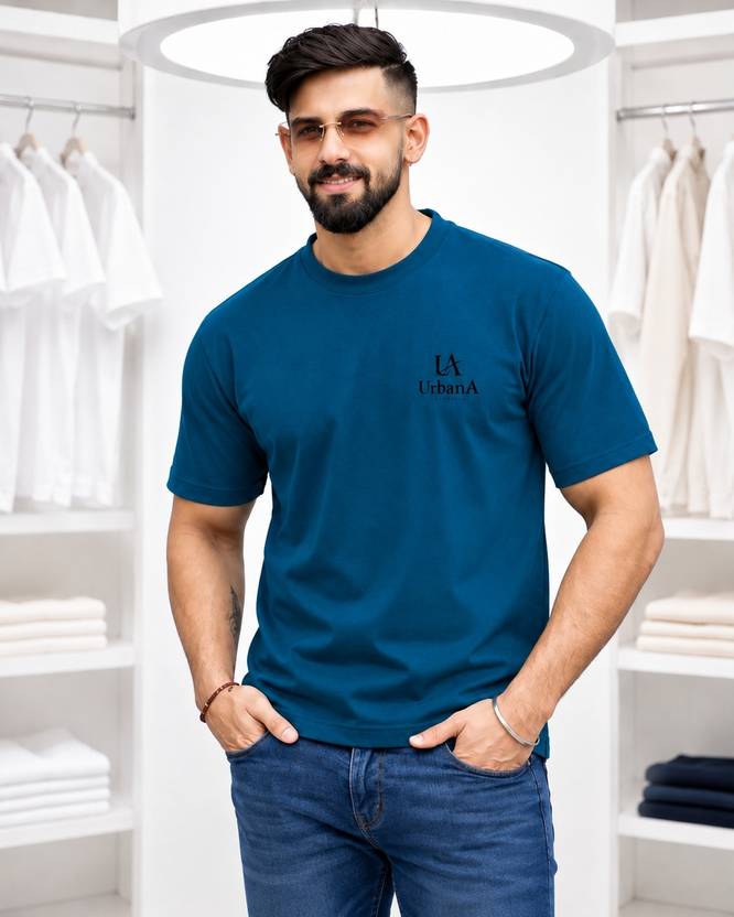 UrbanA Lifestyle Men Solid Round Neck Polyester Blue T-Shirt