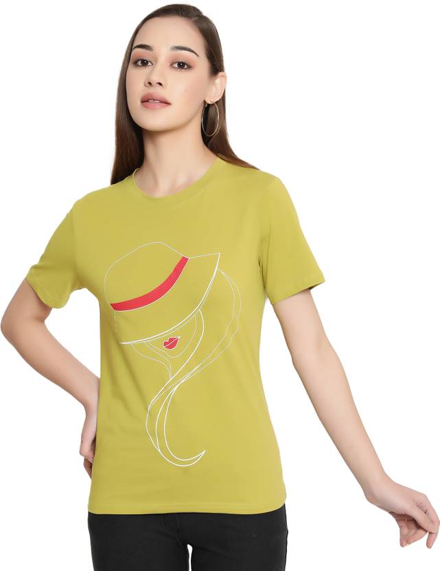 FUTURO Women Graphic Print Round Neck Cotton Blend Green T-Shirt