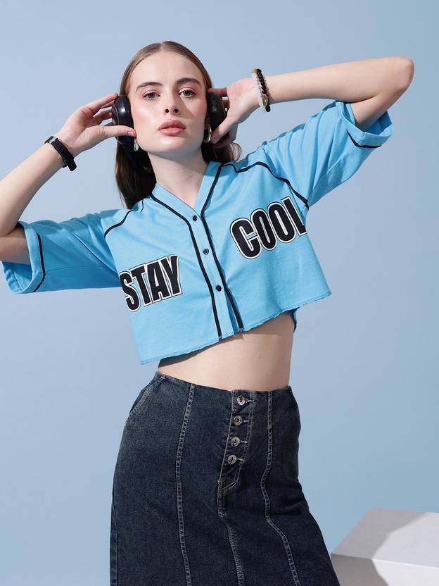 STREET9 Women Printed V Neck Cotton Blend Blue T-Shirt