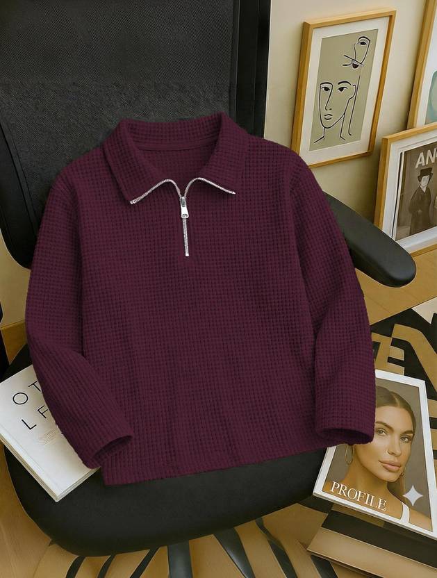 HOODLER Men Self Design Zip Neck Cotton Blend Maroon T-Shirt