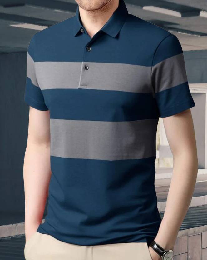 BELACHY Men Colorblock Polo Neck Cotton Blend Light Blue T-Shirt