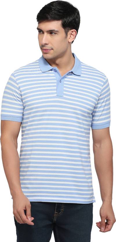 COLORPLUS Men Striped Polo Neck Pure Cotton Blue T-Shirt