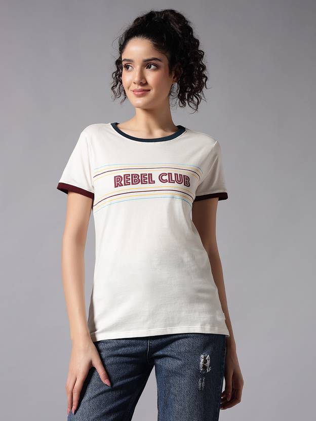 CHEMISTRY Women Self Design Round Neck Pure Cotton White T-Shirt