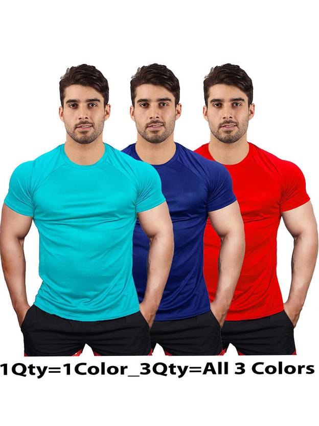 UDI n ADI Solid Men Round Neck Light Blue, Blue, Red T-Shirt