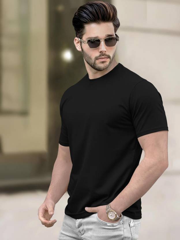 TRIPR Men Solid Round Neck Cotton Blend Black T-Shirt