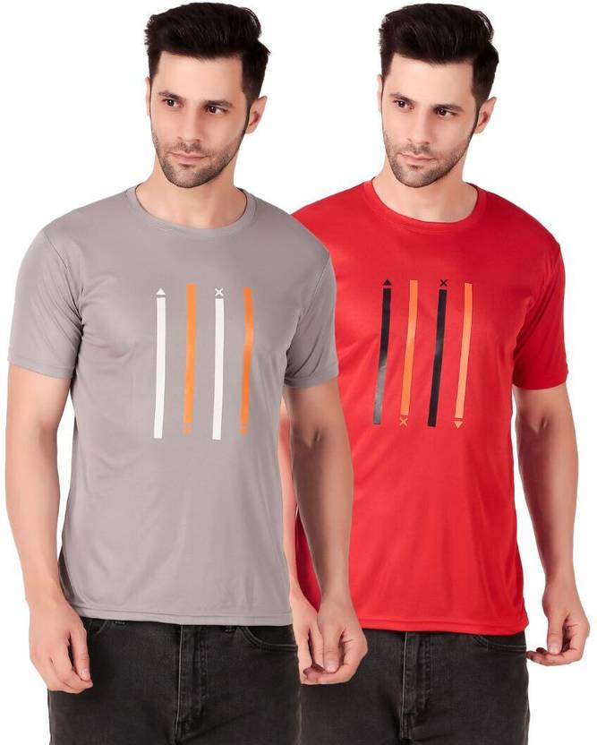 PUREHYPE Pack of 2 Men Graphic Print Round Neck Polyester Grey, Red T-Shirt