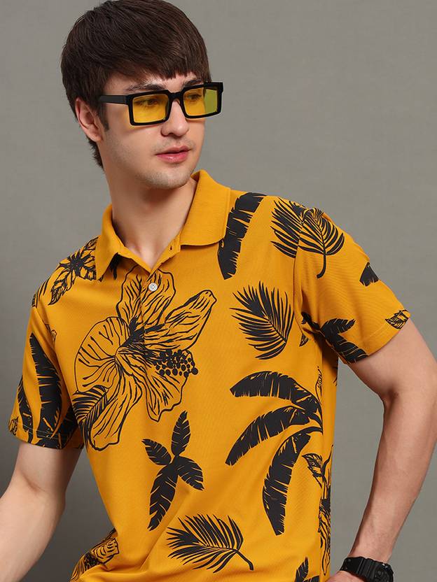 GETGOLF Men Printed Polo Neck Cotton Blend Gold T-Shirt
