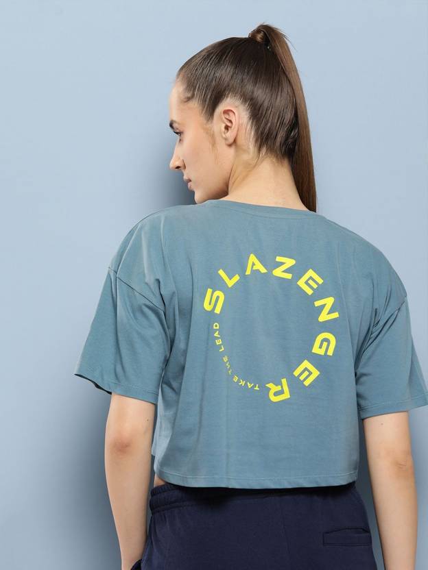 SLAZENGER Women Printed Round Neck Pure Cotton Blue T-Shirt