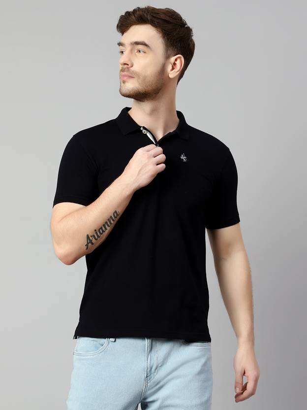 CANTABIL Men Solid Polo Neck Cotton Blend Navy Blue T-Shirt