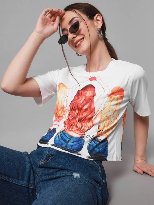 ADDYVERO Women Printed Round Neck Polycotton White T-Shirt