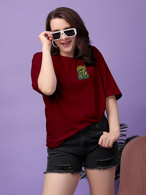 CORSICA Women Graphic Print Round Neck Pure Cotton Maroon T-Shirt