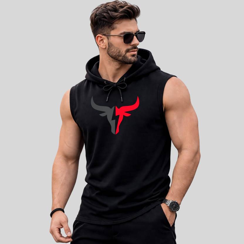ARC Men Graphic Print Hooded Neck Polyester Black T-Shirt