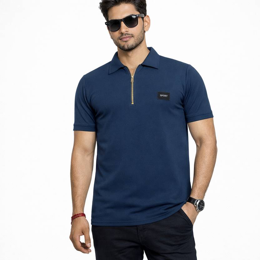 Bhadawar Creations Solid Men Zip Neck Navy Blue T-Shirt