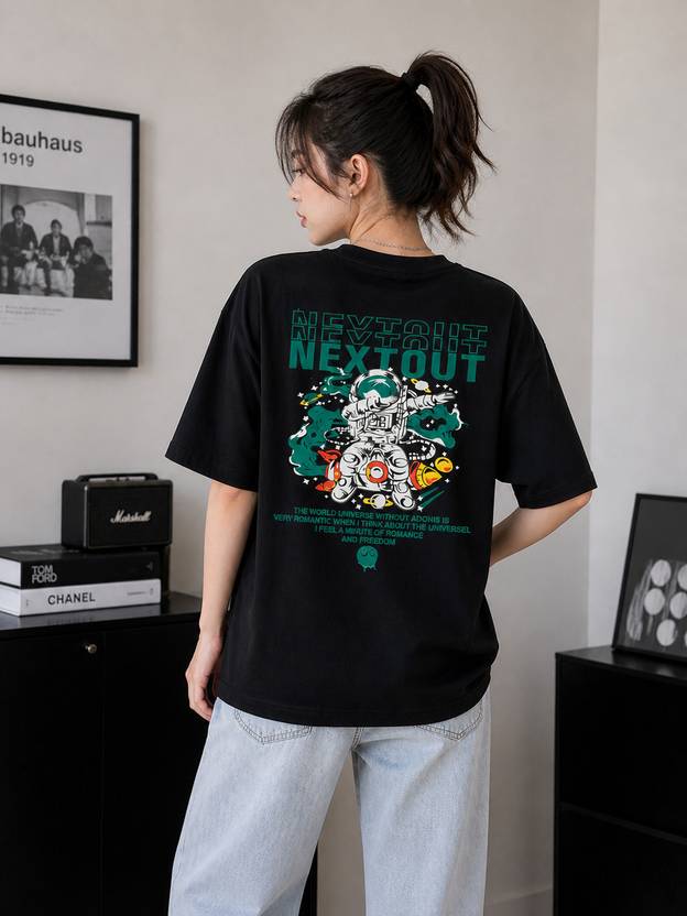 Sky Magic Women Graphic Print Round Neck Cotton Blend Black T-Shirt