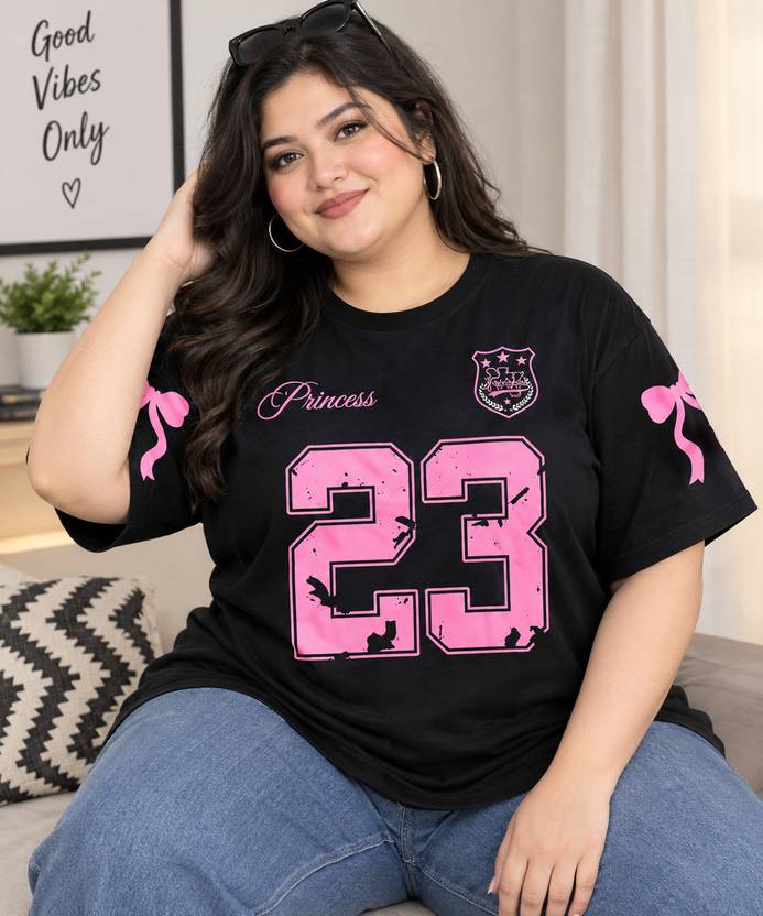 girlsify Women Printed Round Neck Cotton Blend Black T-Shirt