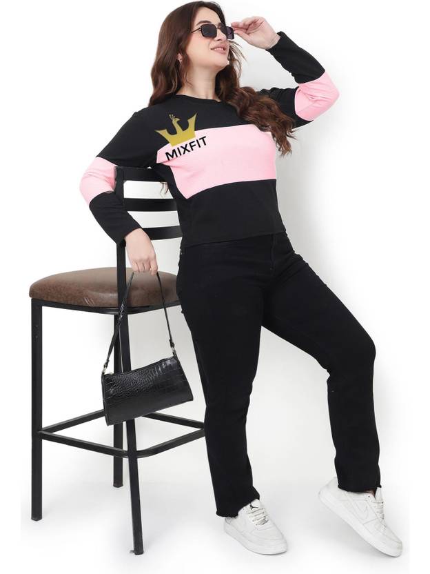 MIXFIT Solid Women Cowl Neck Pink, Black T-Shirt