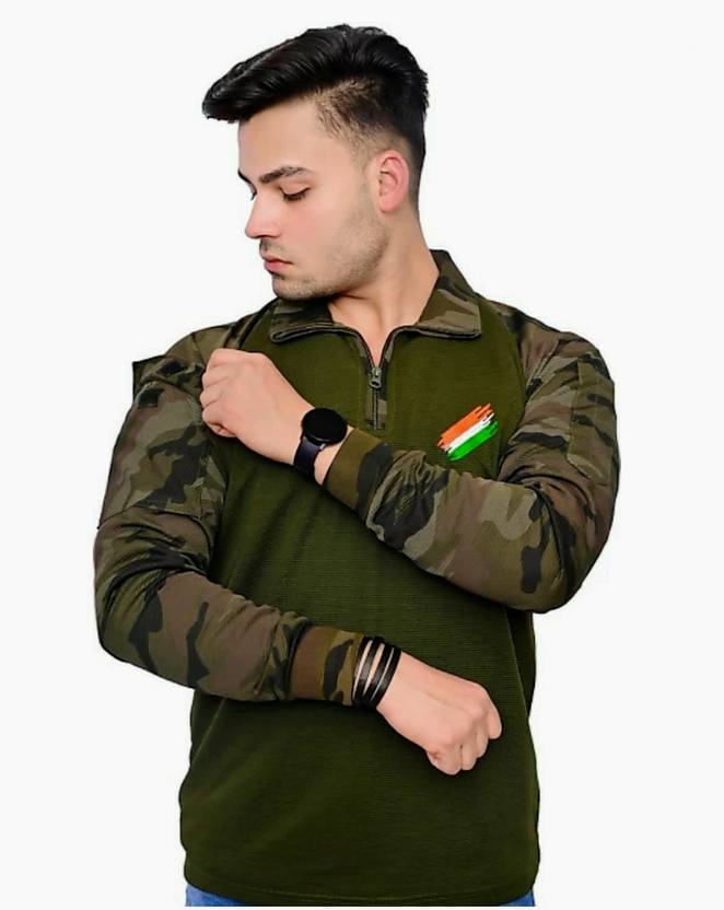 FlyKnitwears Men Military Camouflage Polo Neck Elastane Multicolor T-Shirt
