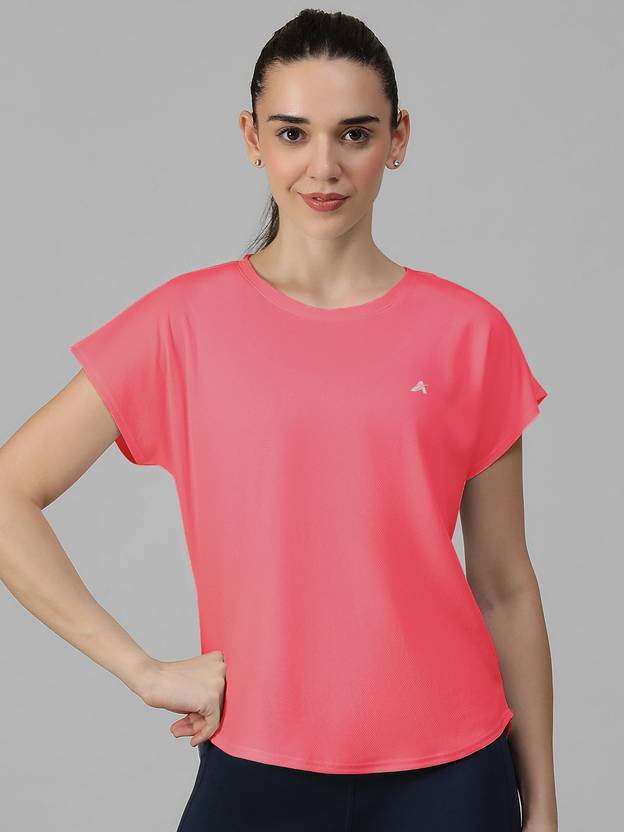 ATHLISIS Women Solid Round Neck Polyester Pink T-Shirt
