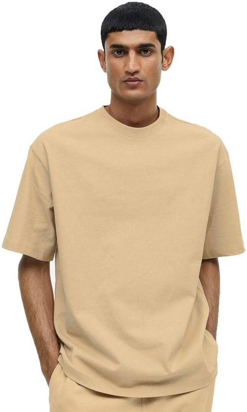 Besick Men Solid Round Neck Cotton Blend Beige T-Shirt