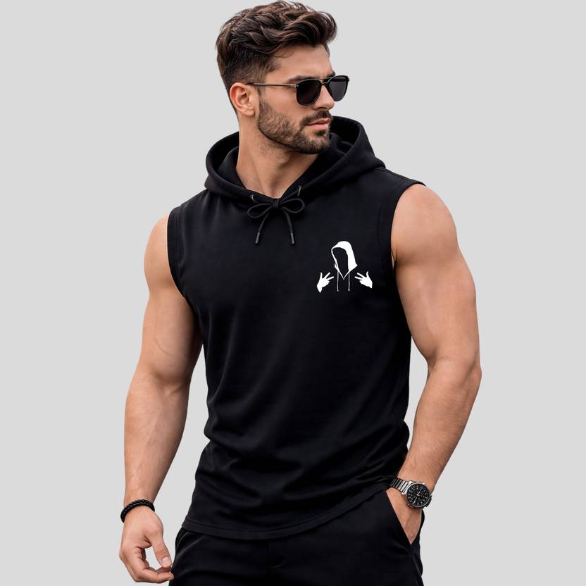 ARC Graphic Print Men Hooded Neck Black T-Shirt