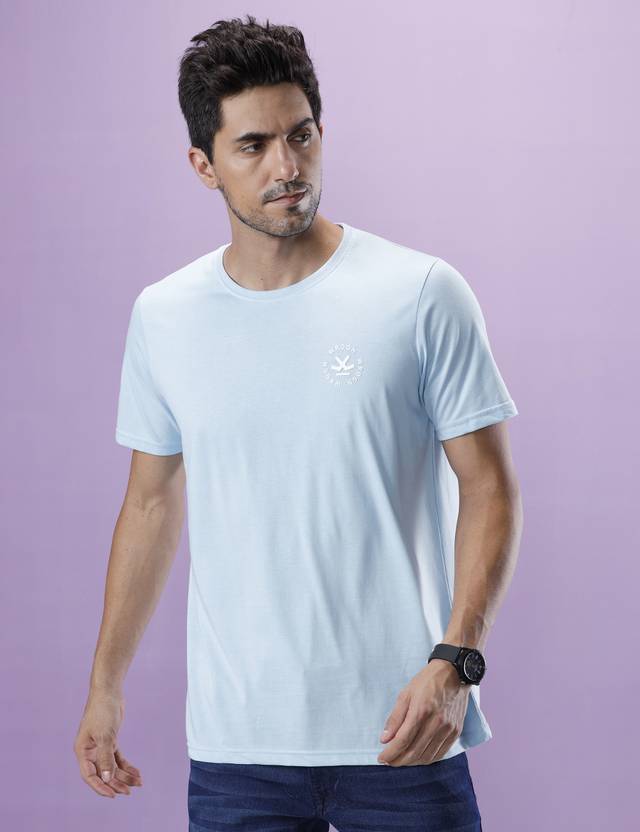 WROGN Men Solid Round Neck Cotton Blend Light Blue T-Shirt