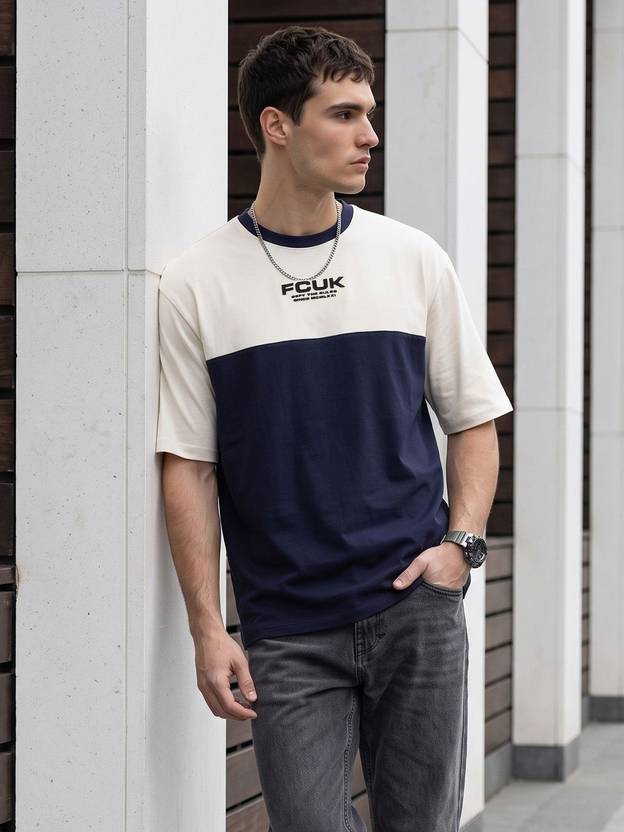 FCUK Men Colorblock Round Neck Pure Cotton Blue T-Shirt