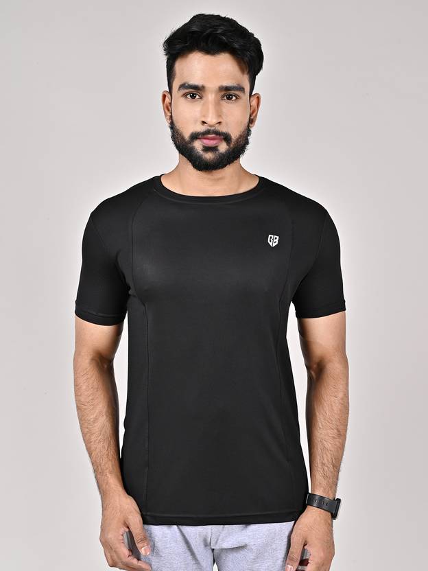 GAME BEGINS Men Solid Round Neck Polyester Black T-Shirt