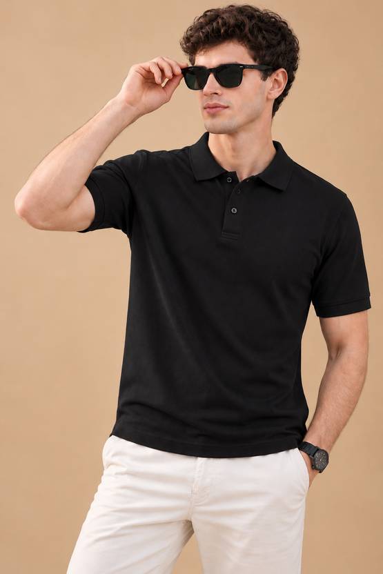 DAVNO Men Solid Polo Neck Pure Cotton Black T-Shirt