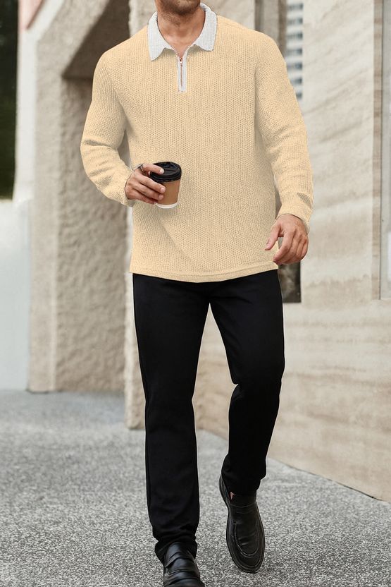 KAJARU Men Beige Zip Neck T-Shirt - Image 6