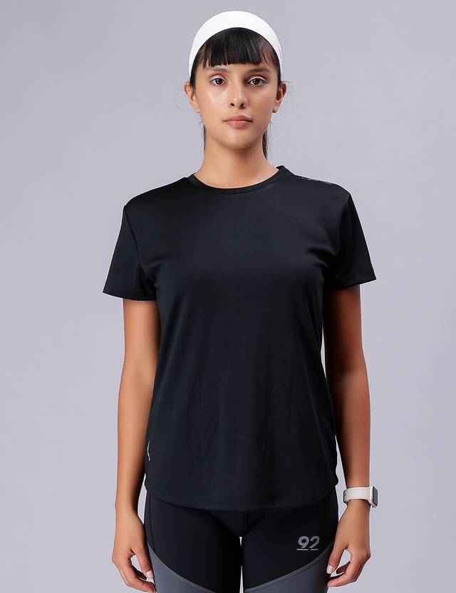 92 Ninety Two Women Solid Round Neck Polyester Black T-Shirt
