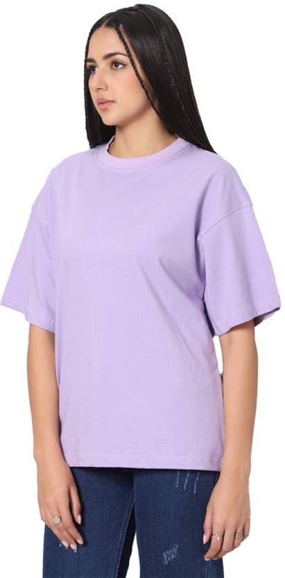 Besick Women Solid Round Neck Pure Cotton Purple T-Shirt