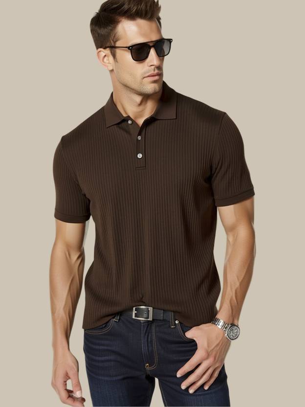 Fashion And Youth Men Solid Polo Neck Cotton Blend Brown T-Shirt