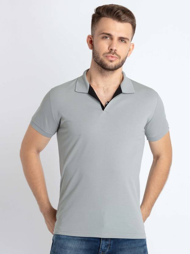 Status Quo Men Solid Polo Neck Polycotton Grey T-Shirt