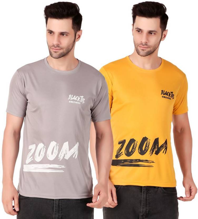 PUREHYPE Pack of 2 Men Printed Round Neck Polyester Grey, Yellow T-Shirt